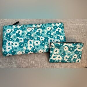 SET! Michael Kors Teal and White Floral Pattern wallet/checkbook and card holder